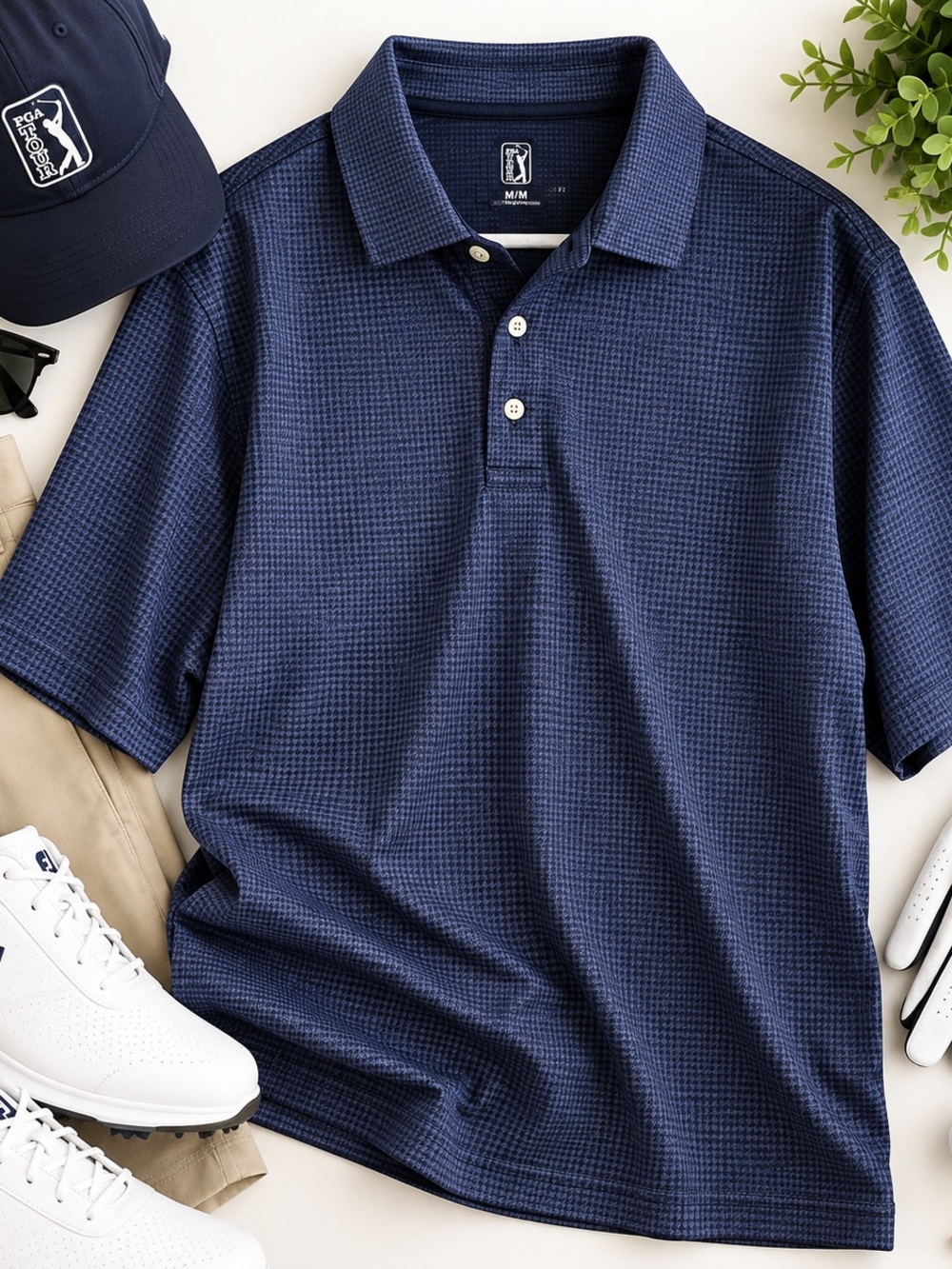 PGA TOUR Men’s Navy Micro-Print Performance Golf Polo – Size Medium
